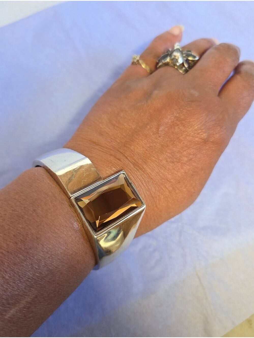 Vintage Modernist Silver Hinged Bracelet with Large Emerald Cut Cognac Stone